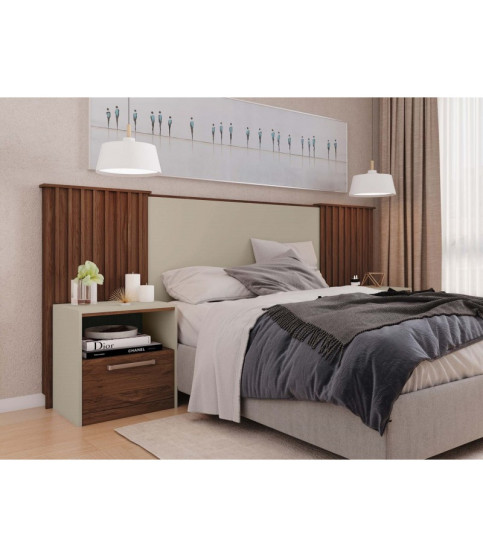 CABECERO LUCIUS EXTENSIBLE 2 MESILLAS DE NOCHE MDF HABANA Y BLANCO ROTO
