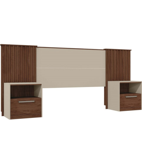 CABECERO LUCIUS EXTENSIBLE 2 MESILLAS DE NOCHE MDF HABANA Y BLANCO ROTO