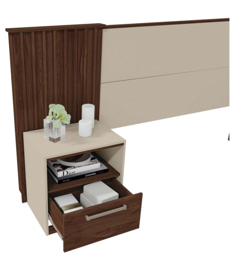 CABECERO LUCIUS EXTENSIBLE 2 MESILLAS DE NOCHE MDF HABANA Y BLANCO ROTO