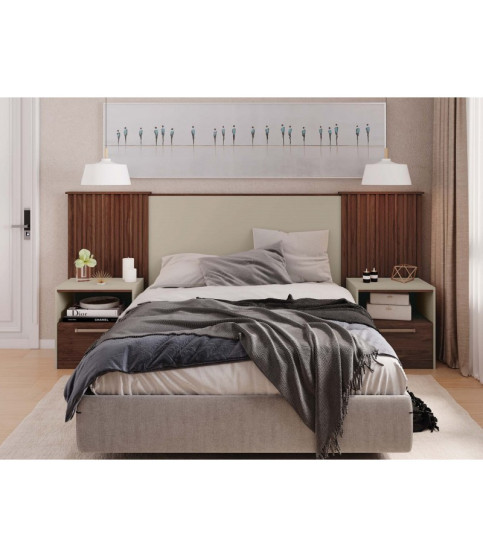 CABECERO LUCIUS EXTENSIBLE 2 MESILLAS DE NOCHE MDF HABANA Y BLANCO ROTO CABECERO LUCIUS EXTENSIBLE 2 MESILLAS DE NOCHE MDF HABANA Y BLANCO ROTO