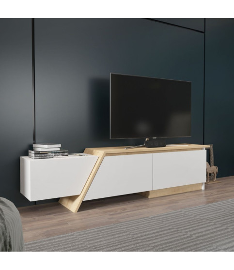 Mueble de TV PRUDENCE, bilaminado mármol blanco con roble, 180 cm
