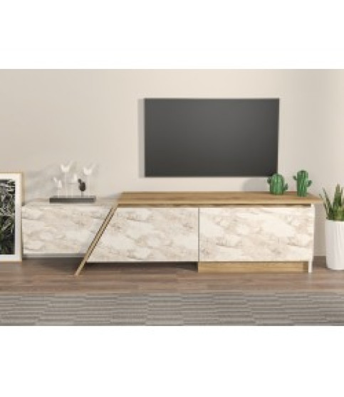 Mueble de TV PRUDENCE, bilaminado mármol blanco con roble, 180 cm