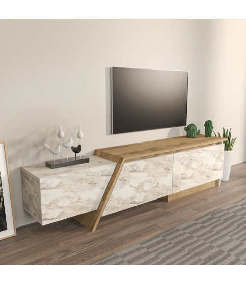 Mueble de TV PRUDENCE, bilaminado mármol blanco con roble, 180 cm