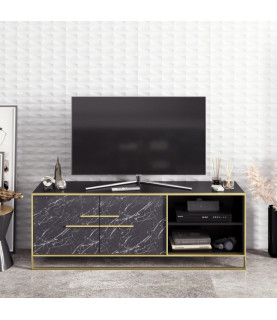 Mueble de TV SIENA, biIaminado mármol negro con metal dorado, 160 cms.