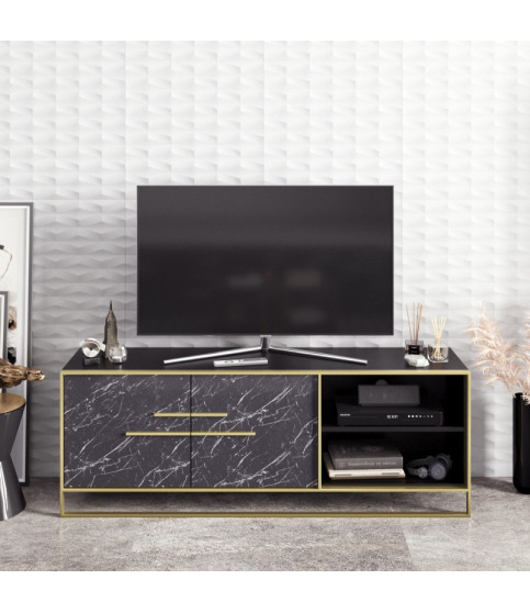 Mueble de TV SIENA, biIaminado mármol negro con metal dorado, 160 cms.