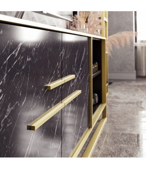 Mueble de TV SIENA, biIaminado mármol negro con metal dorado, 160 cms.