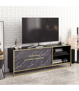 Mueble de TV SIENA, biIaminado mármol negro con metal dorado, 160 cms.