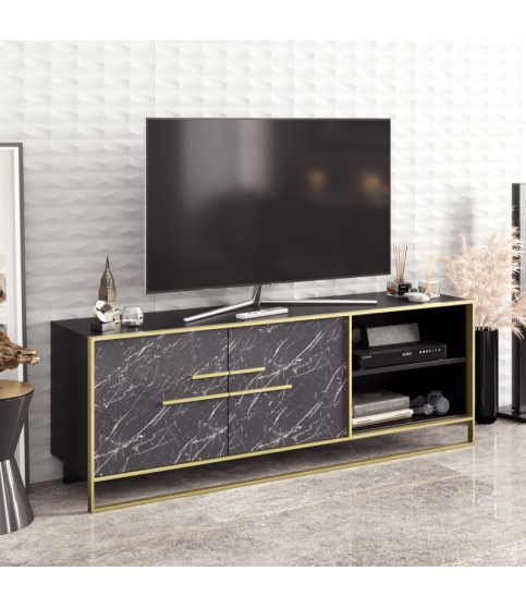 Mueble de TV SIENA, biIaminado mármol negro con metal dorado, 160 cms.