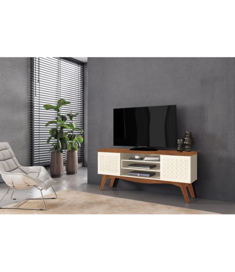 Mueble TV LIZ, blanco roto y cedro, 160 cm