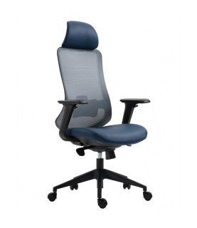 Sillón de oficina ARANJUEZ, alto, negro, ergonómico, multifunción, malla y asiento azul