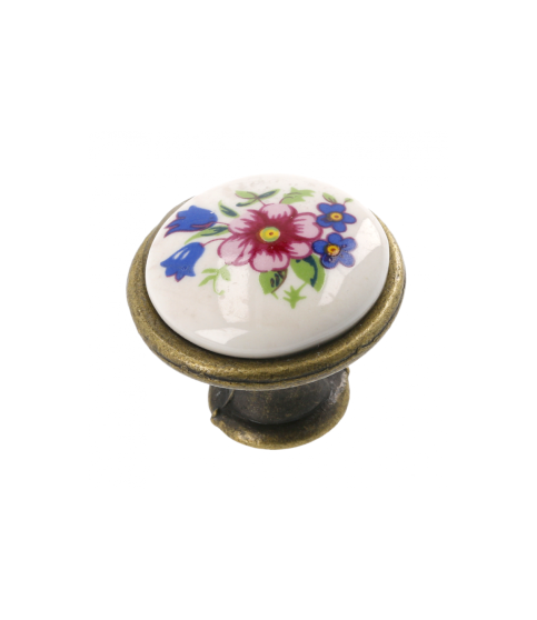 Pomo de porcelana 0728-J4-R, R-flor rosa, dorado envejecido