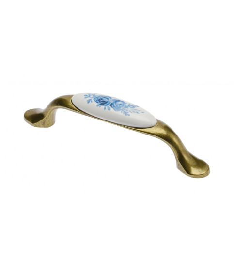 TIRADOR DE PORCELANA MUEBLE C=96MM ORO ANTIGUO/ROSA AZUL