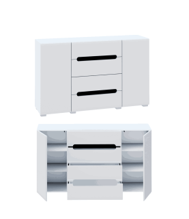 ???????? CÓMODA BIANCO 2 PUERTAS + 4 CAJONES BLANCO BRILLO CON INSERCIONES NEGRO / ROBLE APPALACHI