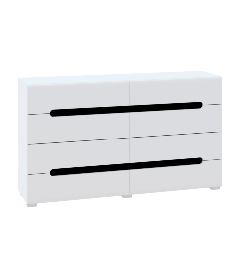 CÓMODA BIANCO 4+4 CAJONES BLANCO BRILLO CON INSERCIONES NEGRO / ROBLE APPALACHI