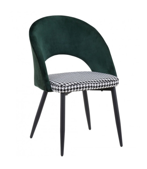 Silla CLEO, metal, tapizado verde con patrón pata de gallo.