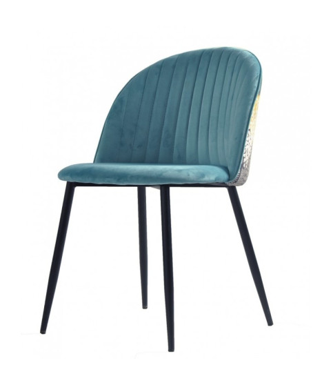 Silla PALM SKY BLUE, metal, tapizado en terciopelo azul con trasera estampado palm