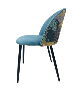 Silla PALM SKY BLUE, metal, tapizado en terciopelo azul con trasera estampado palm