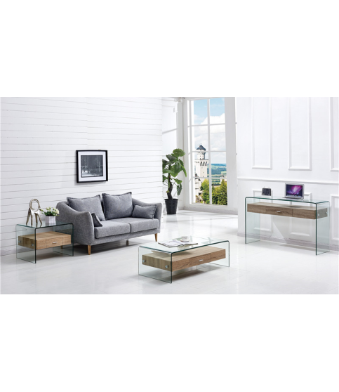 MESA BAJA MARILYN MADERA Y CRISTAL CURVADO 110X55 CM