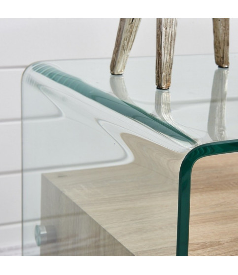 Mesa MARILYN baja — madera y cristal curvado, 50×50 cm.