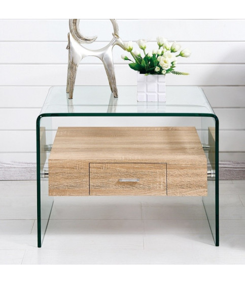 Mesa MARILYN baja — madera y cristal curvado, 50×50 cm.