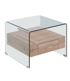 Mesa MARILYN baja — madera y cristal curvado, 50×50 cm.