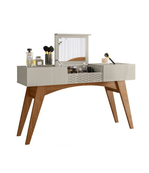 Mueble multifuncional de diseño — consola, tocador y escritorio — acabado mate y blanco roto.