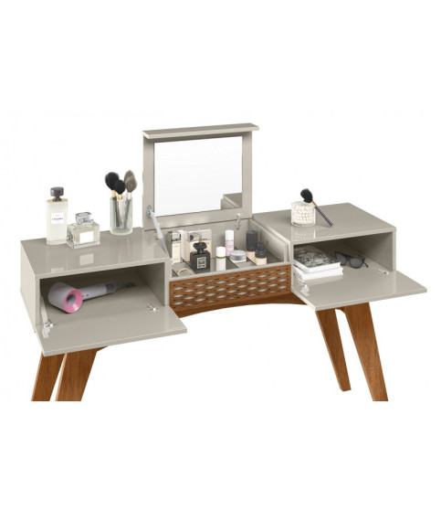 Mueble multifuncional de diseño — consola, tocador y escritorio — acabado mate y blanco roto.