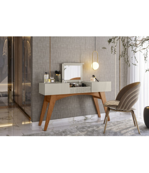 Mueble multifuncional de diseño — consola, tocador y escritorio — acabado mate y blanco roto.