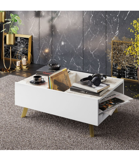 Mesa baja ELOISE, bilaminado mármol blanco, 89,5 cm