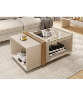 Mesa FRANCIA baja, cristal y MDP blanco roto/miel, 90,5 x 54 cm