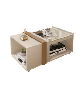 Mesa FRANCIA baja, cristal y MDP blanco roto/miel, 90,5 x 54 cm