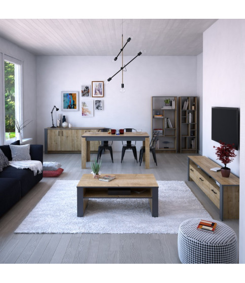 Mesa de comedor PHILIPPA, biIaminado roble con gris oscuro, 160 x 80 cms.