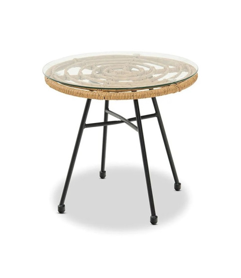 Mesa DEWA, baja, metal, ratán y cristal, 45 cm de diámetro