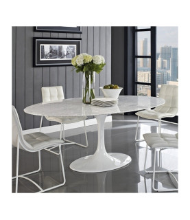 Mesa TUL, ovalada, base de fibra de vidrio y tapa de mármol blanco carrara de 180x108 cm.