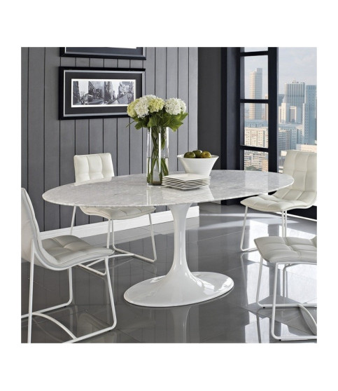 Mesa TUL, ovalada, base de fibra de vidrio y tapa de mármol blanco carrara de 180x108 cm.