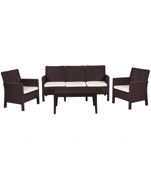Set ADRIÁTICO, 2 Sillones + Sofá 3 plazas + mesa, polipropileno chocolate, cojines incluidos Set ADRIÁTICO, 2 Sillones + Sofá 3 plazas + mesa, polipropileno chocolate, cojines incluidos
