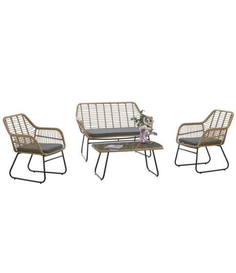 Set KROYA, 2 Sillones + Sofá 2 plazas + mesa, metal, ratán beige, cojines incluidos Set KROYA, 2 Sillones + Sofá 2 plazas + mesa, metal, ratán beige, cojines incluidos