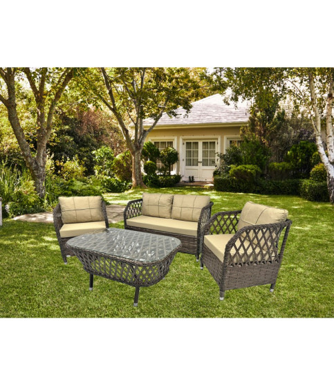 Set MARBELLA, 2 Sillones + Sofá 2 plazas + mesa, aluminio, ratán chocolate, cojines incluidos Set MARBELLA, 2 Sillones + Sofá 2 plazas + mesa, aluminio, ratán chocolate, cojines incluidos